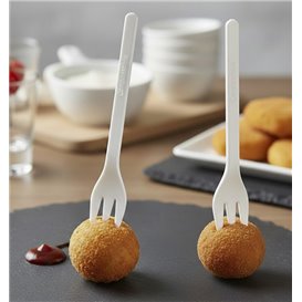 Minitenedor de Plástico CPLA Degustación Blanco 100 mm (50 Uds)